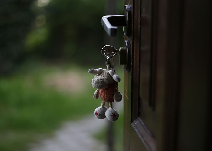Keychain with plush toy hanging from a door lock, illustrating home safety tips.