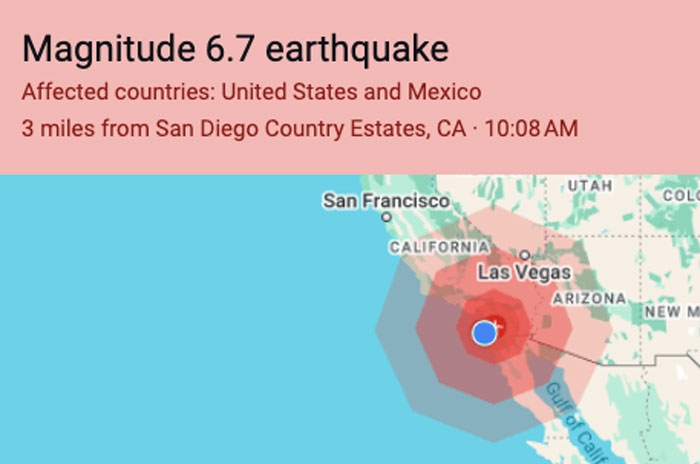 Map showing 6.7 magnitude earthquake near San Diego affecting the US and Mexico.