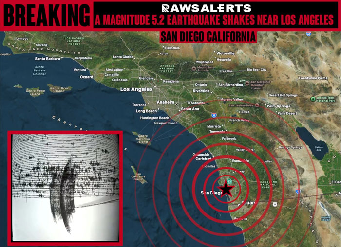 Map showing San Diego hit by 5.2 magnitude earthquake, with epicenter marked and seismic activity graph inset.