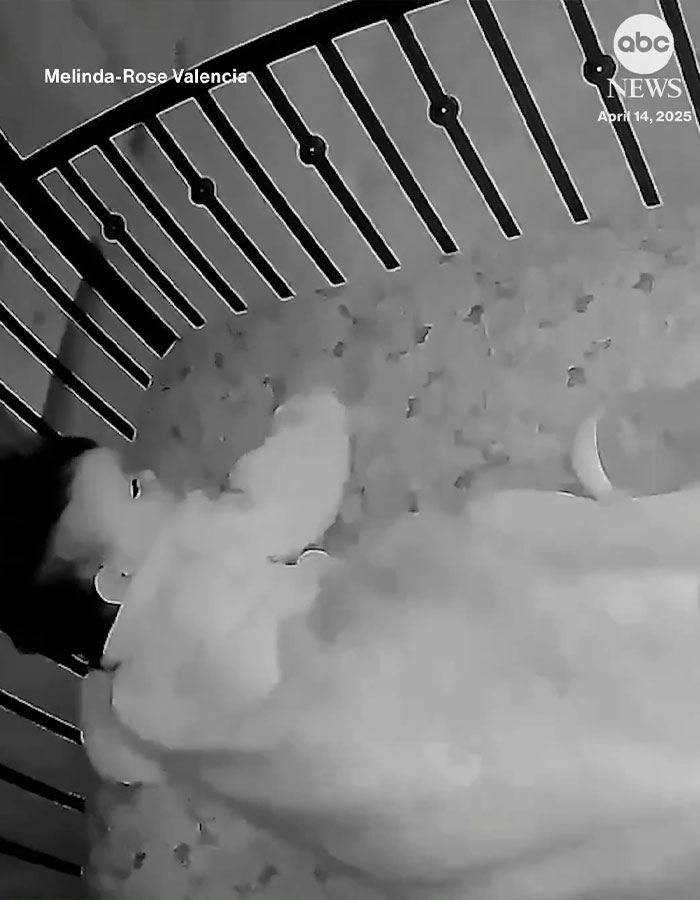 A baby in a crib during a San Diego earthquake, captured on a baby monitor.