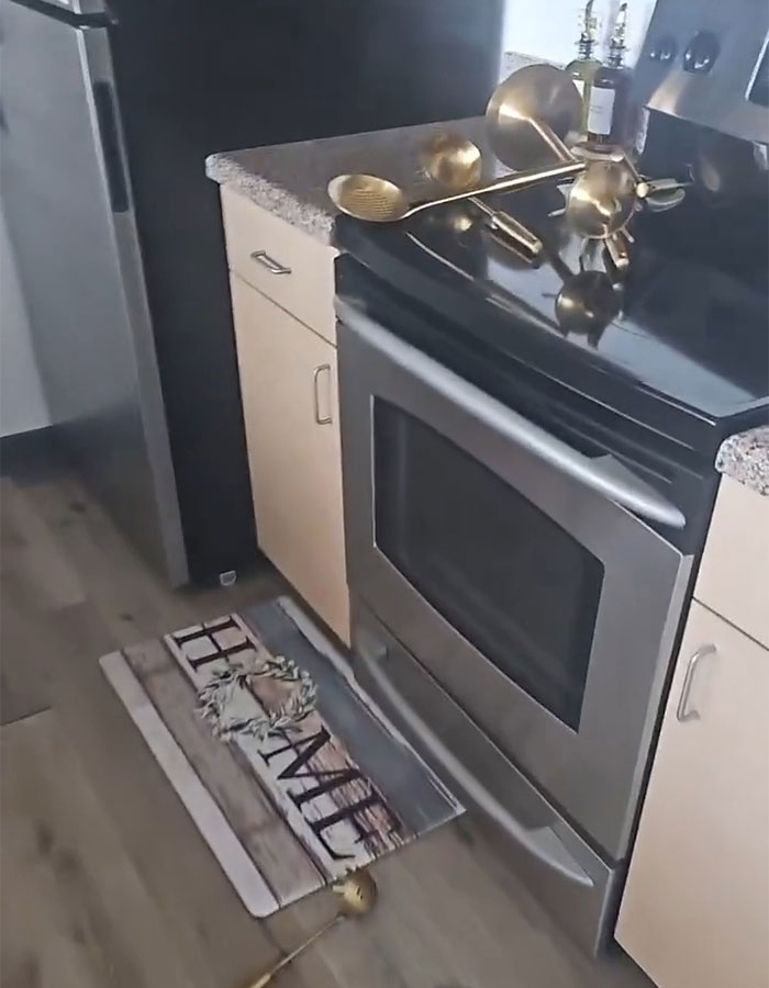 San Diego kitchen with fallen utensils and decor after a 5.2 magnitude earthquake.