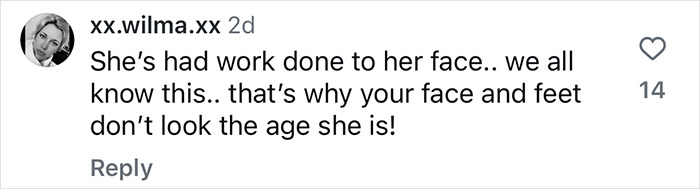Comment on Sharon Osbourne's photo accusing her of using an extreme filter, mentioning her face and feet.