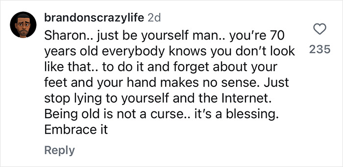 Comment criticizing Sharon Osbourne for using filters, discussing age and authenticity.