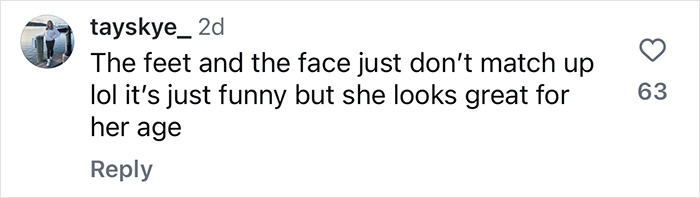 Instagram comment on Sharon Osbourne's family photo mentioning her feet and face not matching.