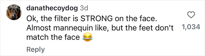Comment highlighting the use of a strong face filter in a family photo, humorously noting the feet do not match.
