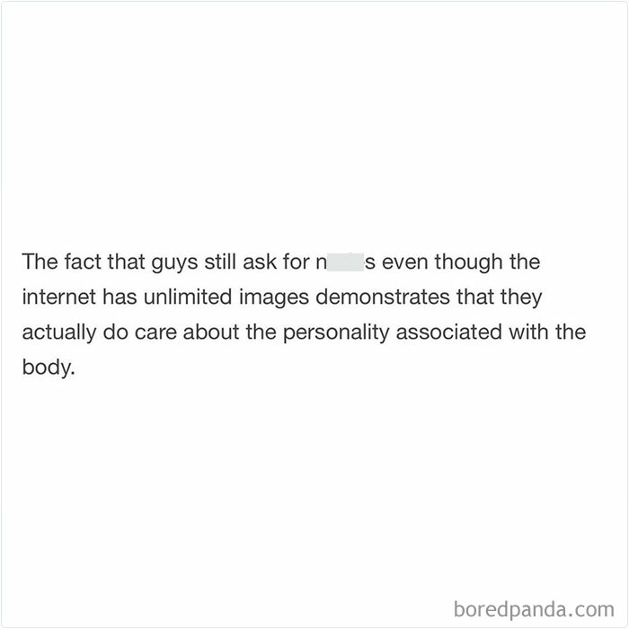 Text image showing a funny random shower thought about personality and body in a humorous social media style.