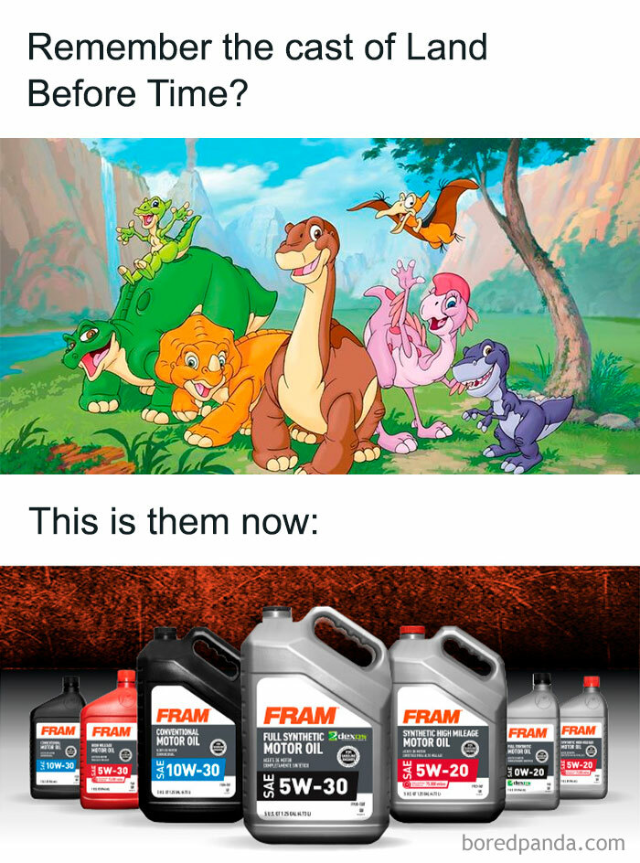 Cartoon characters from Land Before Time compared humorously to various motor oil containers in funny and random shower thoughts.