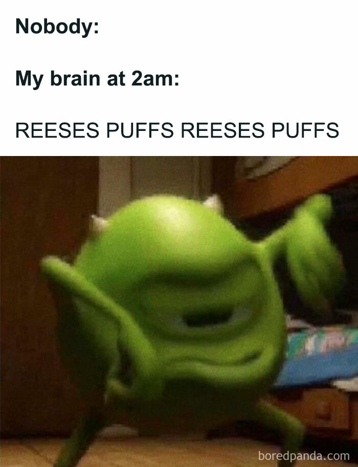 Blurry dancing green character meme representing funny and random shower thoughts at 2am on IG page.