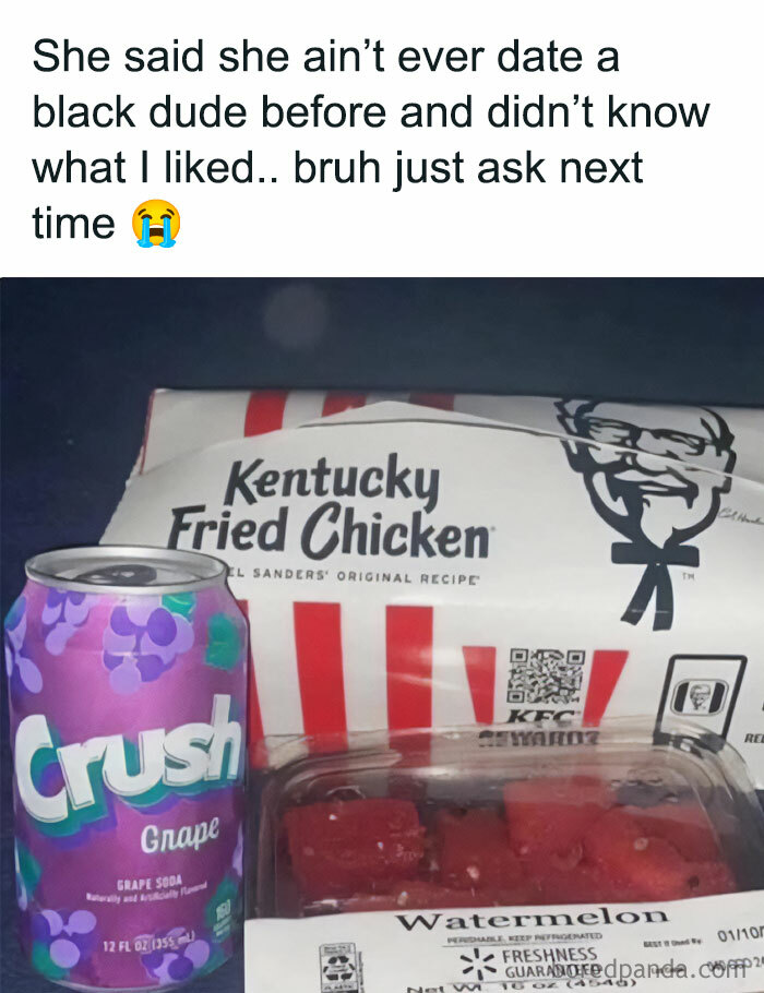 Funny and random shower thoughts meme featuring food items including Kentucky Fried Chicken, grape soda, and watermelon.
