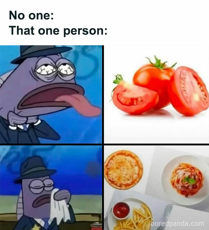 Meme showing funny shower thoughts about tomatoes turning into pasta sauce and pizza, illustrating random humor.