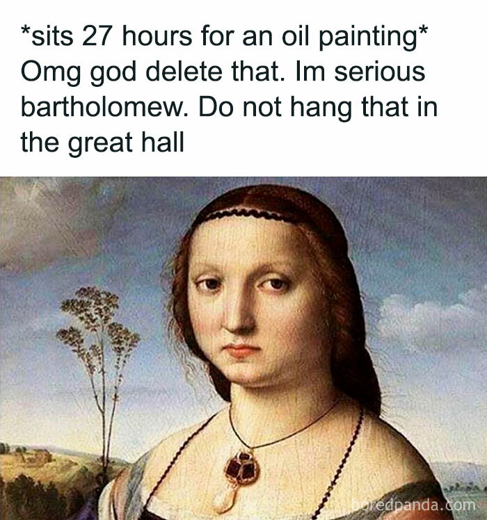 Funny and random shower thoughts meme with a classic oil painting and humorous text about art rejection