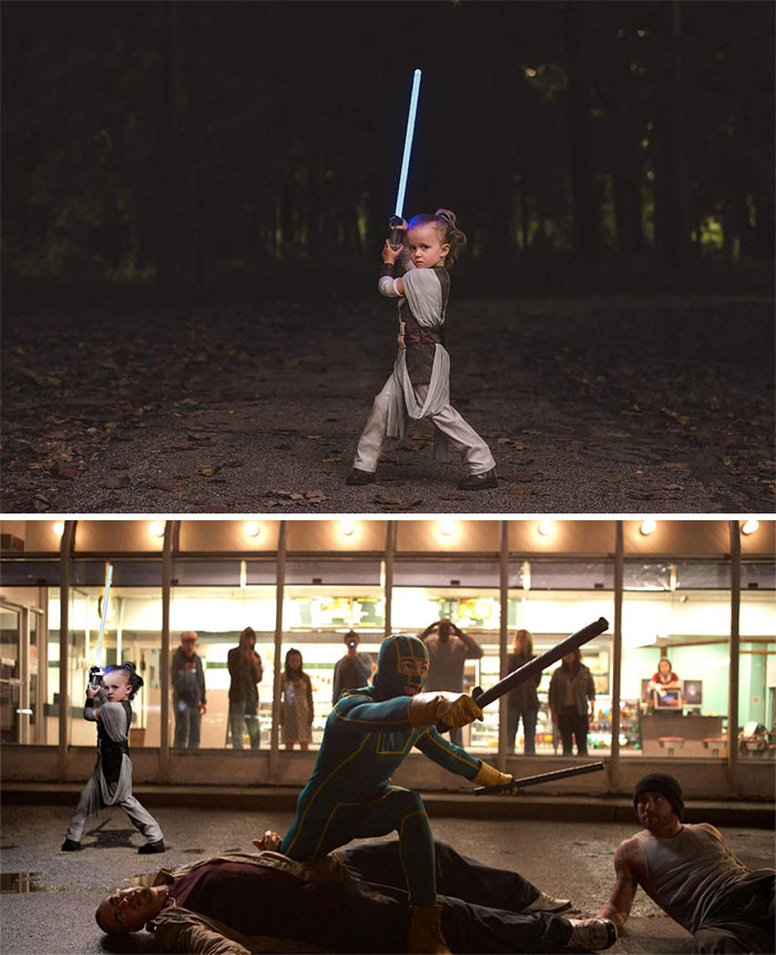 Child edited into a superhero scene wielding a lightsaber, with people in funny photo edits.