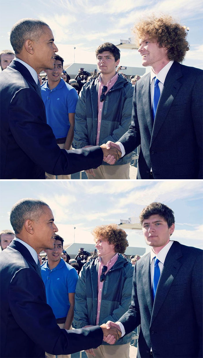 Two edited photos showing a handshake, with humorous expressions on onlookers' faces.