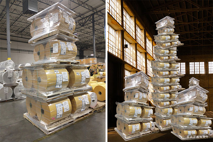 Stacked rolls of paper edited into a tall tower, creating a humorous photo request.