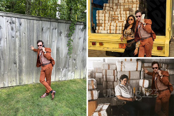 Man in brown suit humorously edited into scenes, standing by a fence, posing with packages, and in a vehicle with packages.