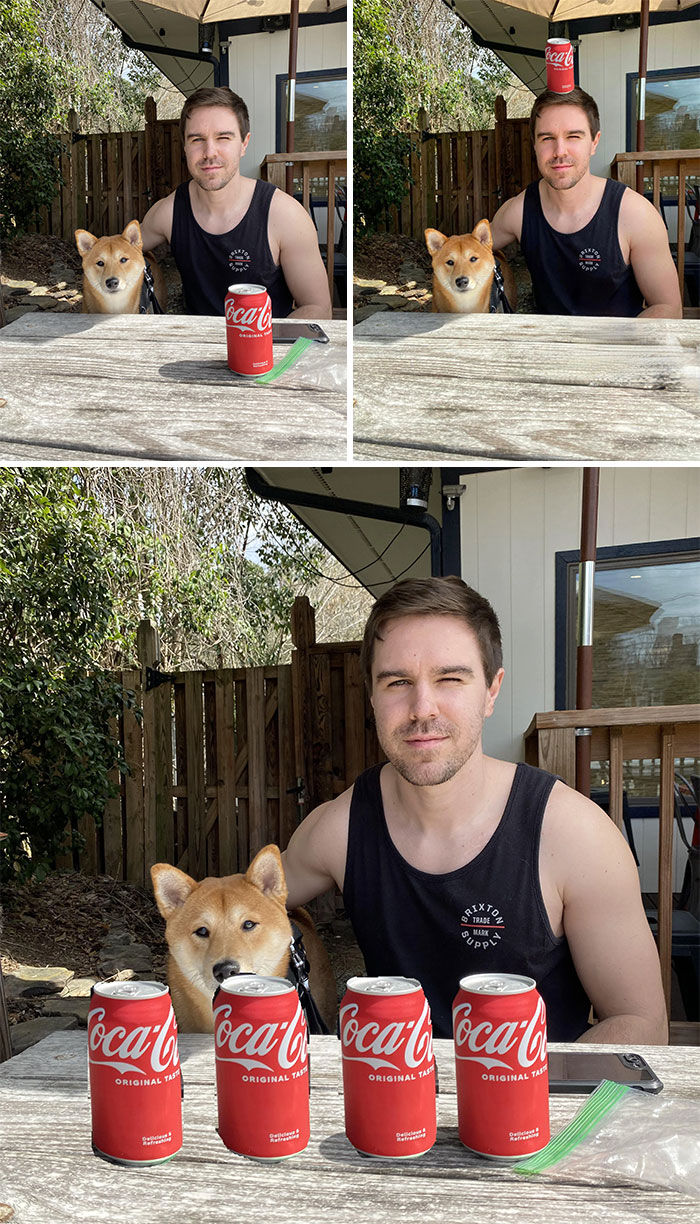 Man and dog seated at table with Coca-Cola cans, in a humorous photo edit request scene.