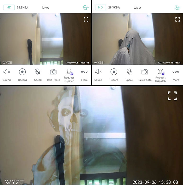 Surveillance camera captures humorous ghost costume and skull prank, adding to the photo edit laughs collection.