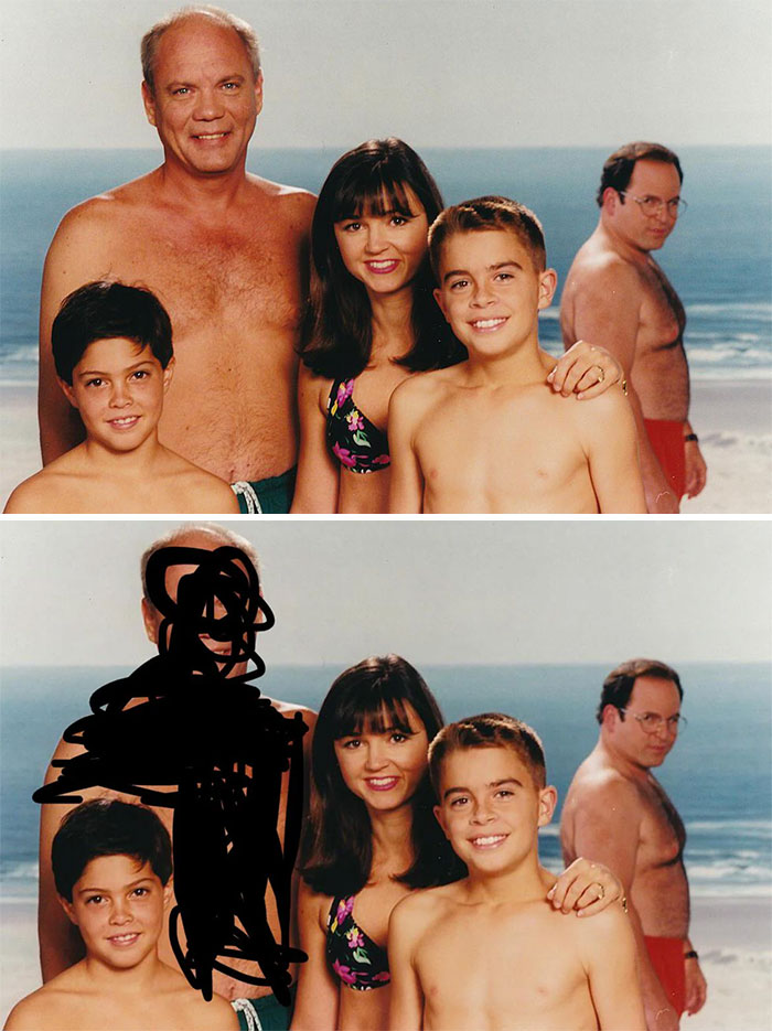 Beach family photo with edits. Man poorly edited out, making the internet laugh.