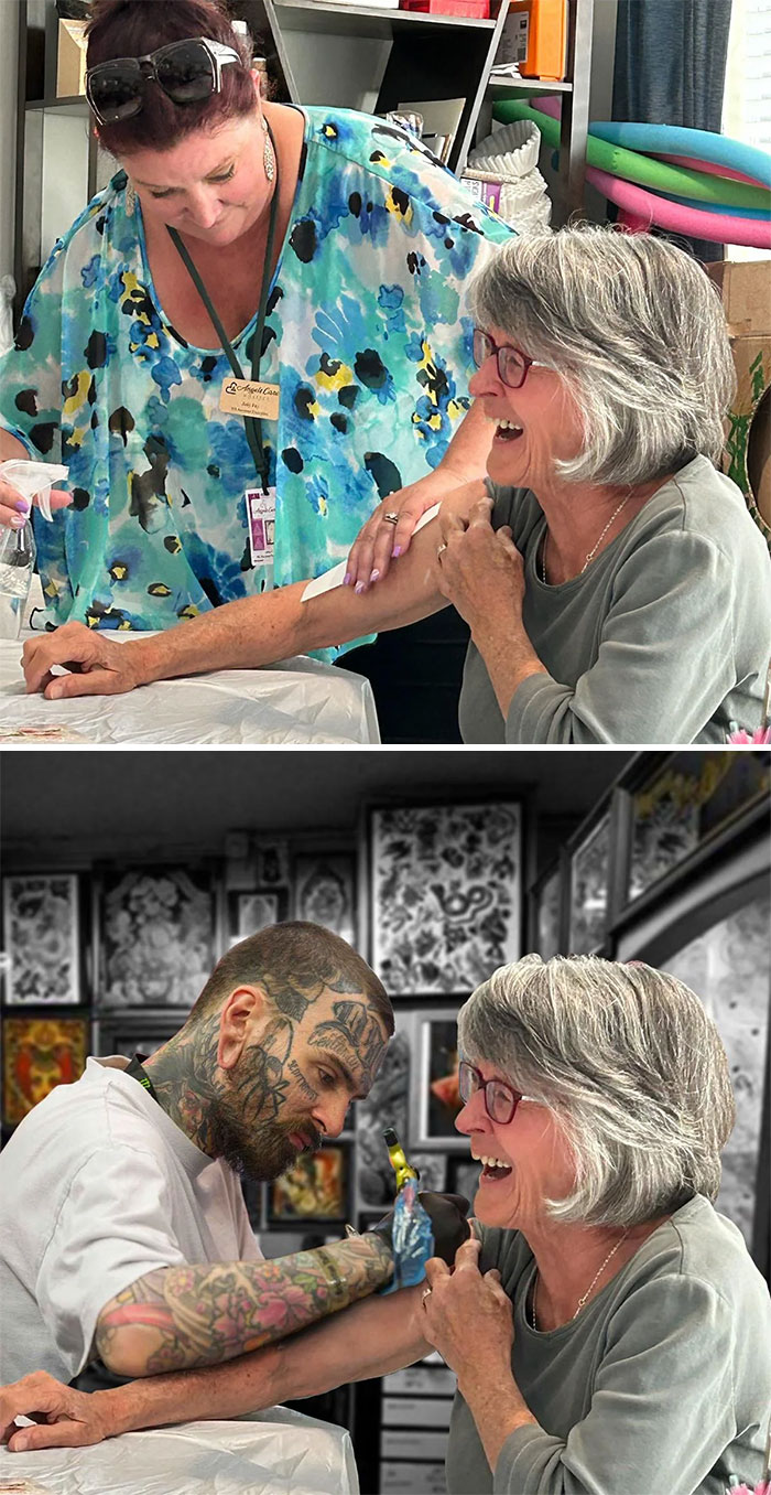 Photo edit shows a woman laughing before and after a humorous tattoo scenario.