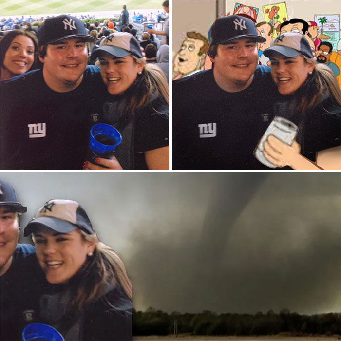 Funny photo edits of a couple at a stadium, with humorous backgrounds and a tornado scene.