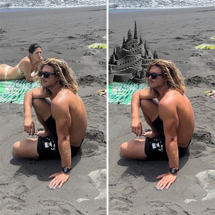 Beach scene with a man posing as if holding a sandcastle, showcasing humorous photo editing.