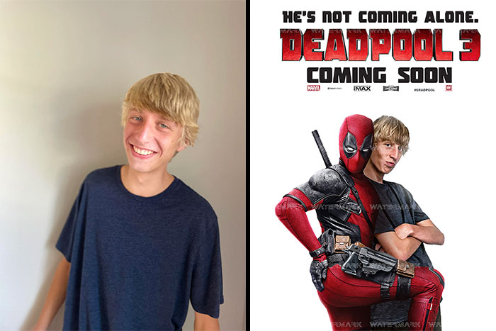 Teenager smiling alongside a humorous photo edit featuring him with Deadpool, showcasing photo edit requests.