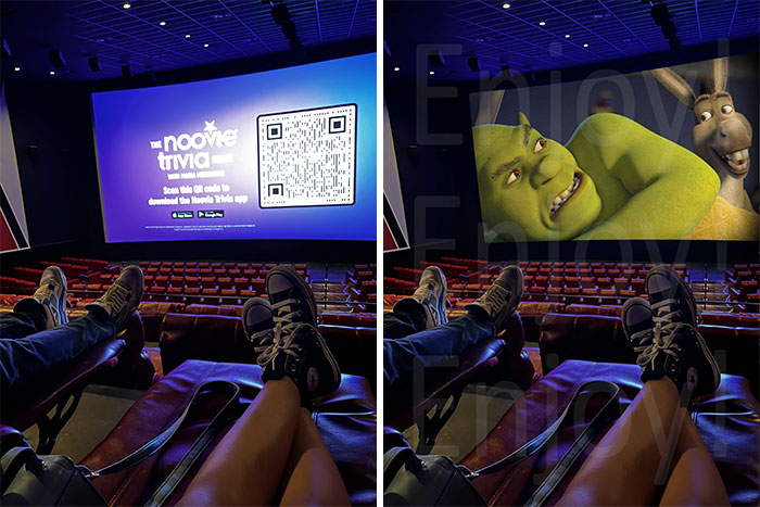 People relaxing in a cinema before a movie, with a humorous photo edit of Shrek and Donkey on the screen.