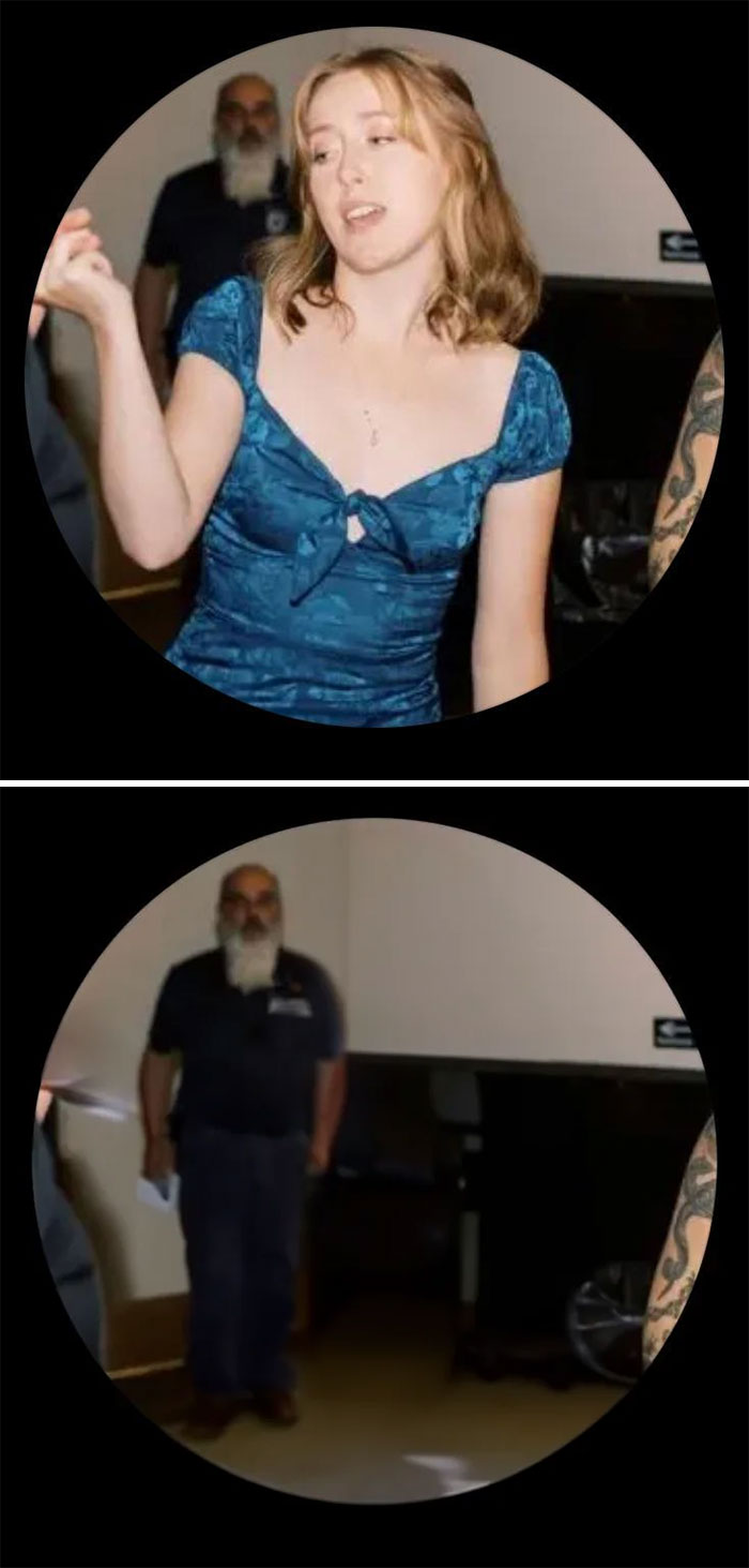 Woman in a blue dress poses, with photo edits making the background man appear closer, creating a humorous effect.