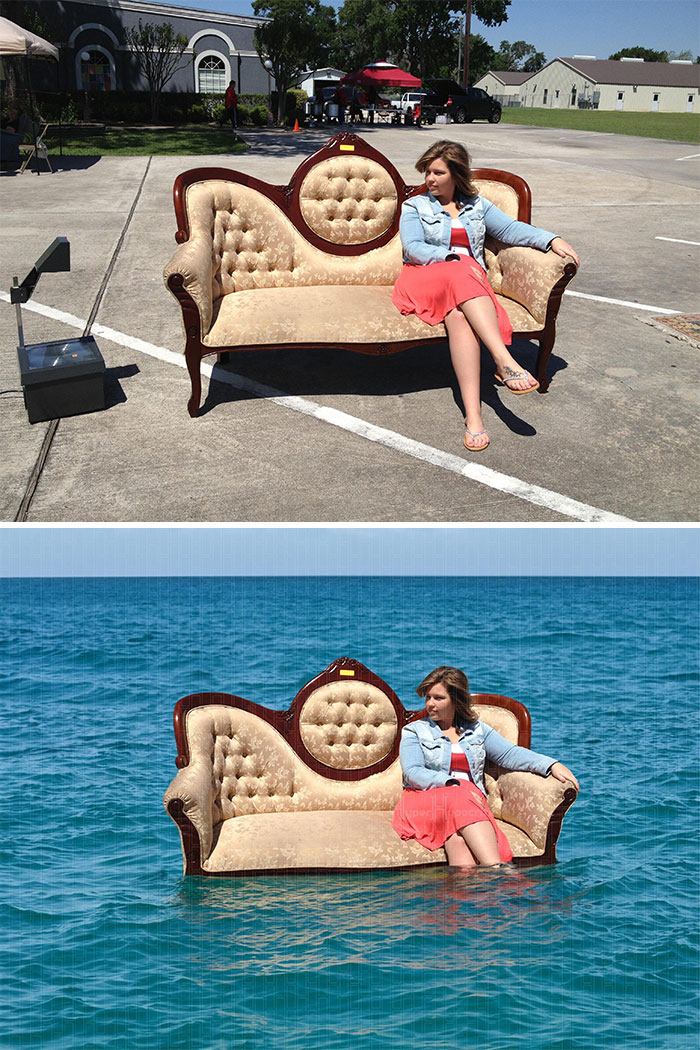 Woman on a couch in parking lot, then edited into ocean, showcasing hilarious photo edits.