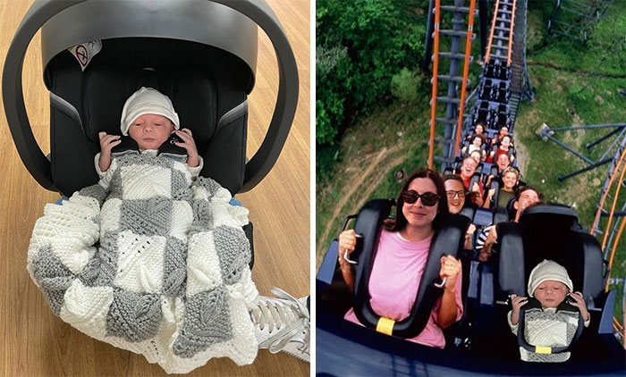 Baby in car seat edited into roller coaster ride, creating a humorous photo edit scenario.