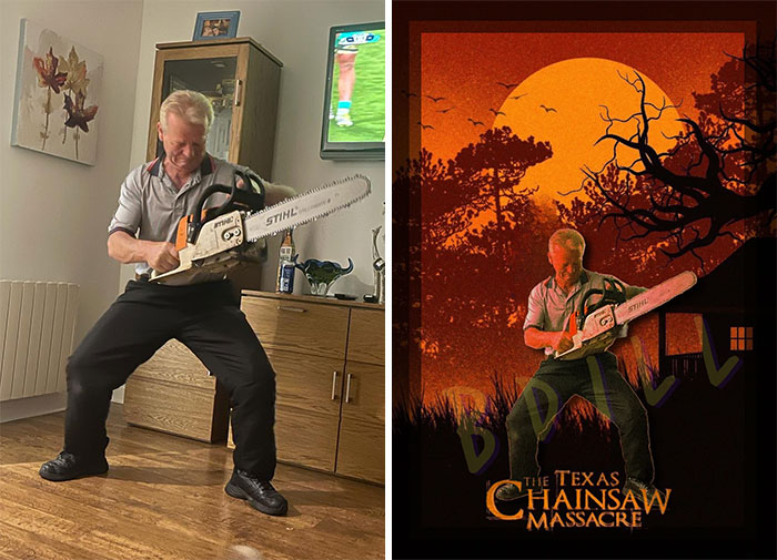 Man with chainsaw edited into Texas Chainsaw M******e poster, humorously illustrating photo edits.