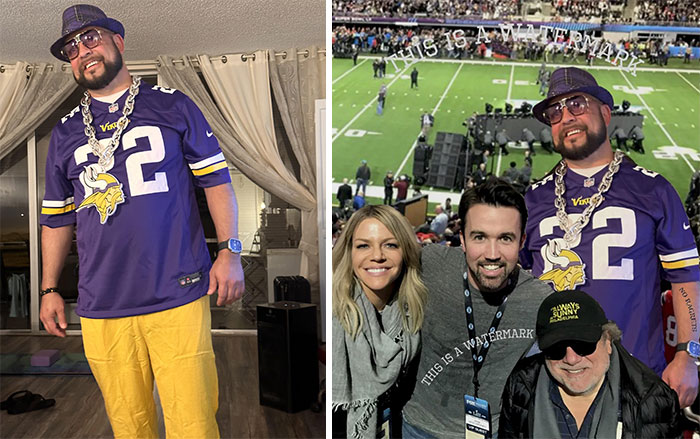 Man in Vikings jersey, yellow pants, and hat in living room and at stadium with celebrities, showcasing photo edits humor.