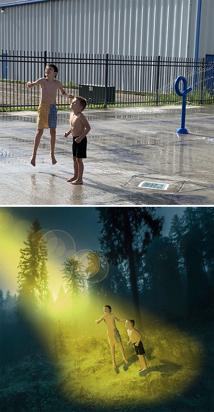 Boys enjoying outdoor water fun, creatively edited to appear in an alien abduction scenario.