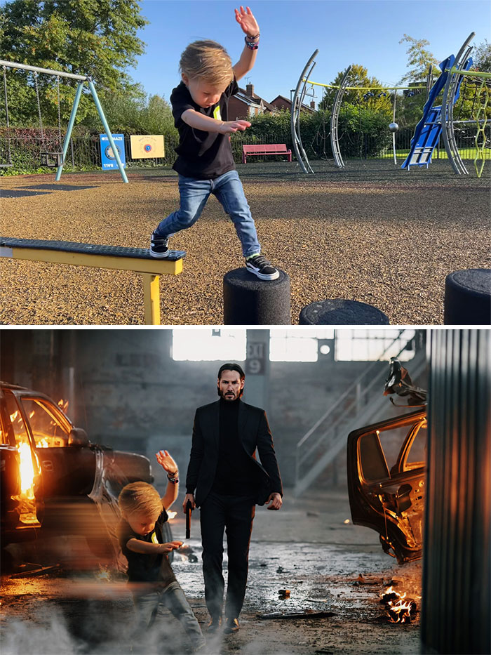 Child striking a pose edited into an action movie scene, part of humorous photo edit requests.