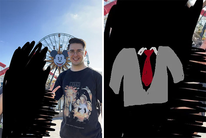 Man at amusement park with a Ferris wheel, next to an edited humorous photo request with a cartoon suit and tie.