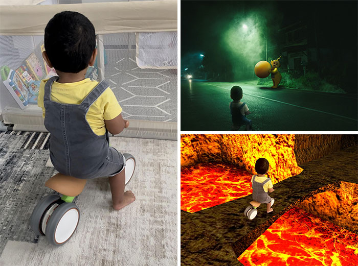 Toddler on a toy bike with humorous photo edits, featuring a Pikachu on a street and over lava, capturing laughter online.