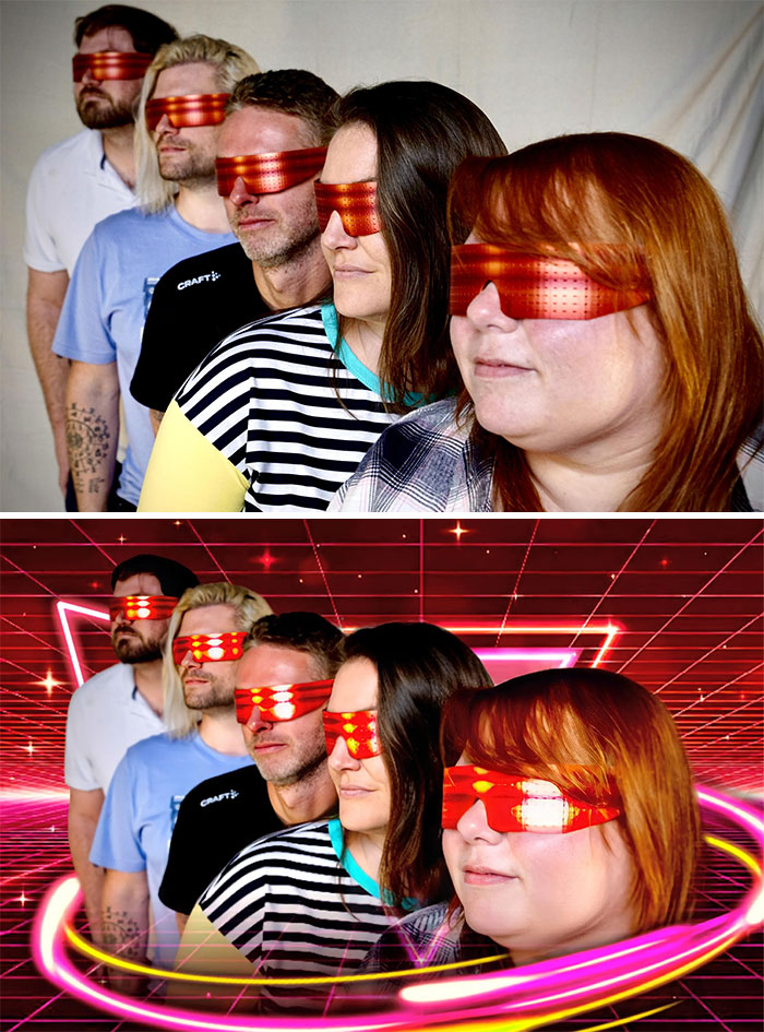 Five people with red visors edited into a neon cyber theme, illustrating humorous photo edits.