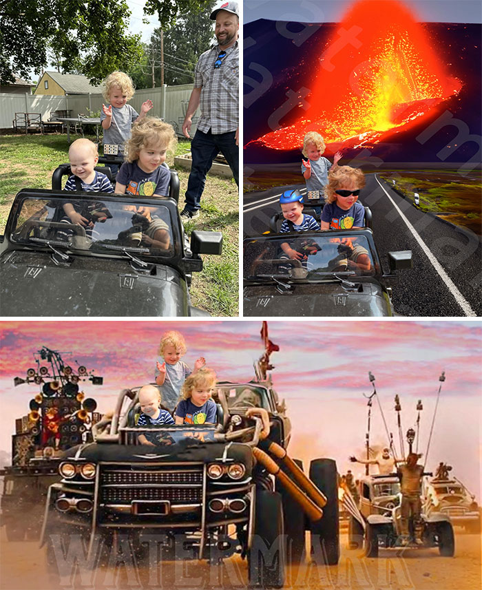 Children in toy car edited into scenes with a volcano and a movie chase; funny photo edits making internet users laugh.