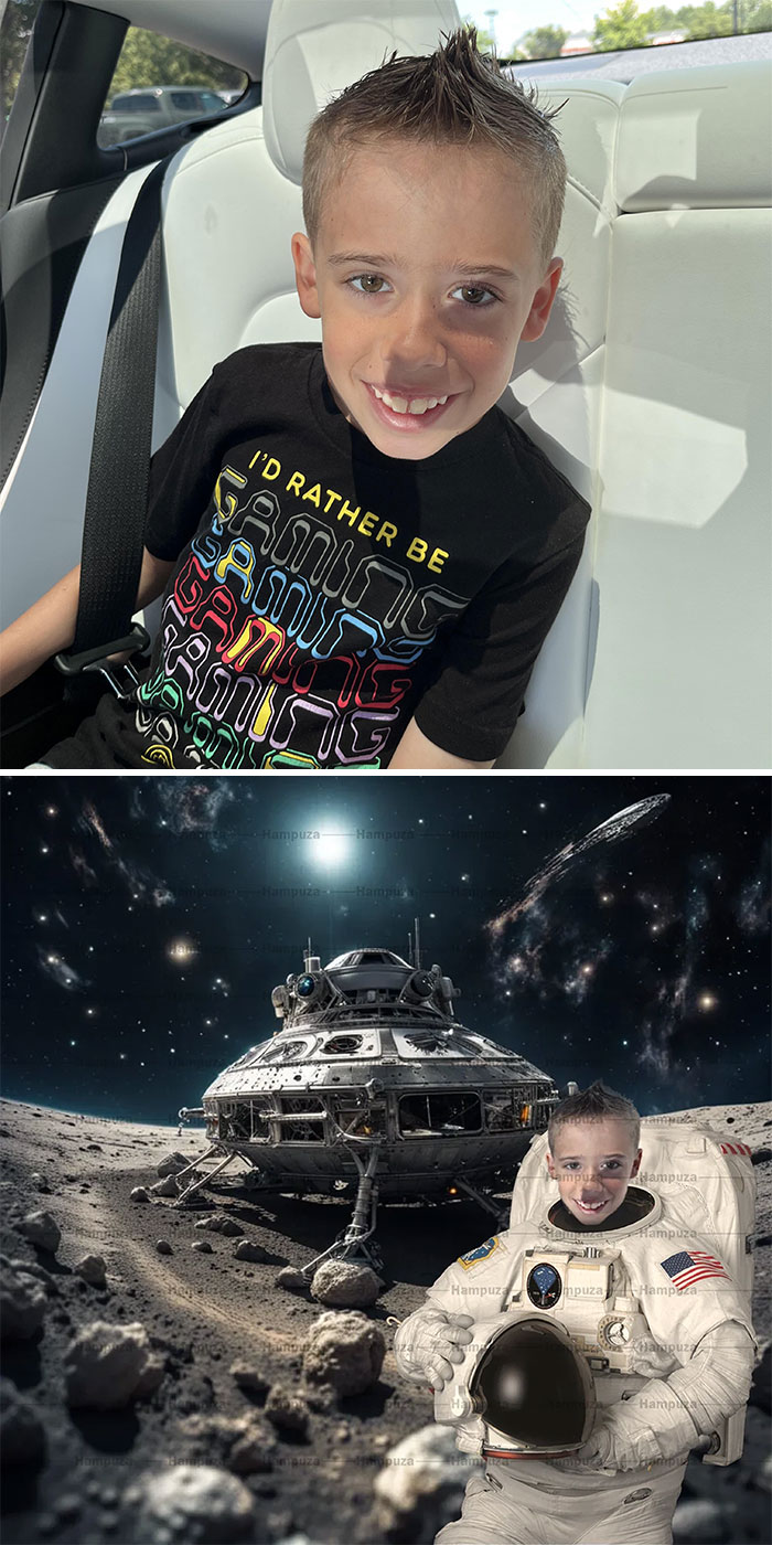 Child's photo request humor: boy in car edited into an astronaut on the moon.