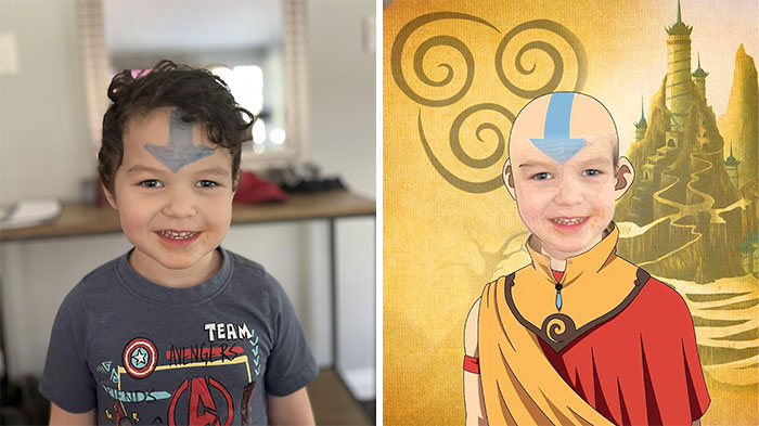 Child with arrow on forehead transformed into an animated character through photo edit, creating a humorous effect.