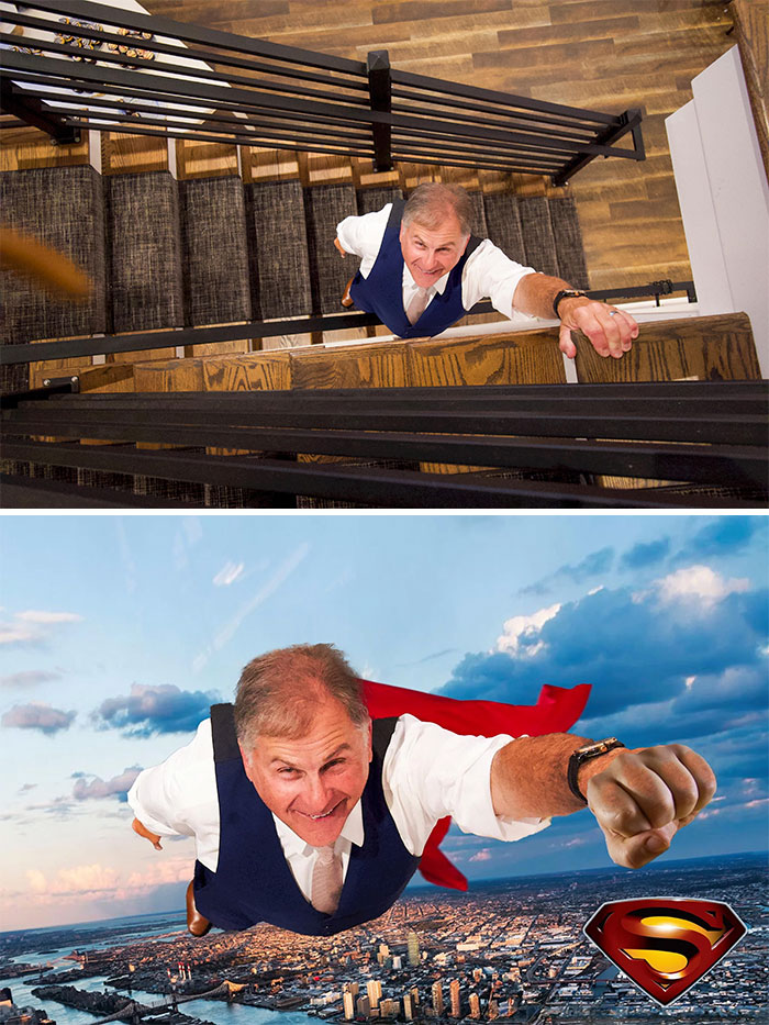 Man edited to fly like Superman over a city, showcasing amusing photo edit requests.