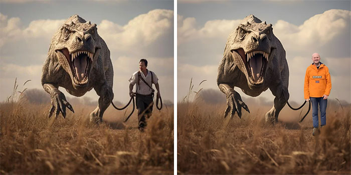 Man and dinosaur edited humorously; before and after photo edit comparison.