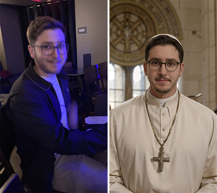 Man in casual setting edited to look like a pope, showcasing humorous photo edits.