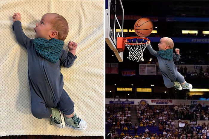 Baby in blue outfit on blanket edited into a basketball dunk scene, showcasing creative photo edits.
