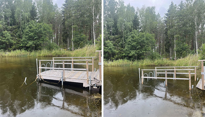 Photo edits comparison: wooden dock with missing and restored section on a calm lake surrounded by trees.
