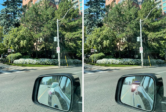 Photo edit humor: car mirror view without car, edited to show a police car approaching.