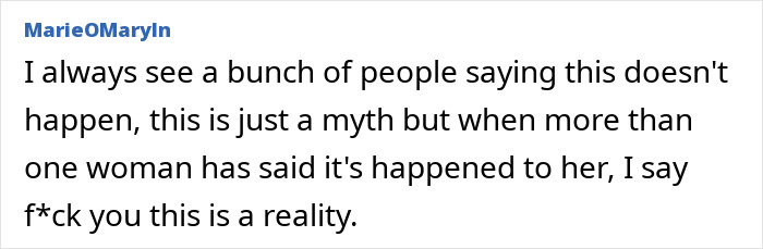 Text expressing disbelief and frustration over people claiming the "husband stitch" is a myth, stating it's a reality.
