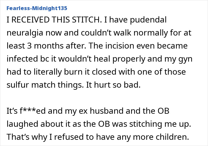 Text from a user describing a painful experience with a "husband stitch" after childbirth.