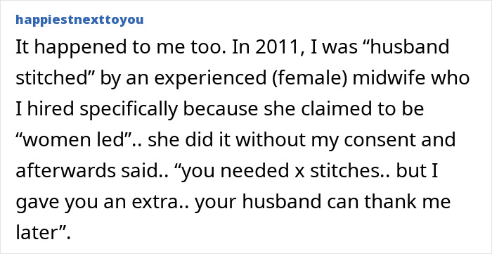 Text sharing an experience of a "husband stitch" performed without consent after childbirth.