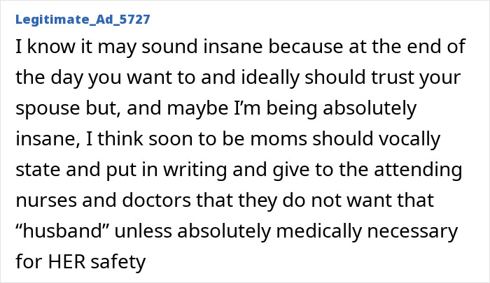 Comment discussing consent and medical decisions after childbirth, highlighting concerns about "husband stitch.